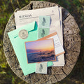 A styled flat-lay of a witness testimony kit featuring a mint green envelope, witness statement forms, matching stamps, and a postcard with a sunset ocean scene, arranged on a rustic tree stump outdoors.